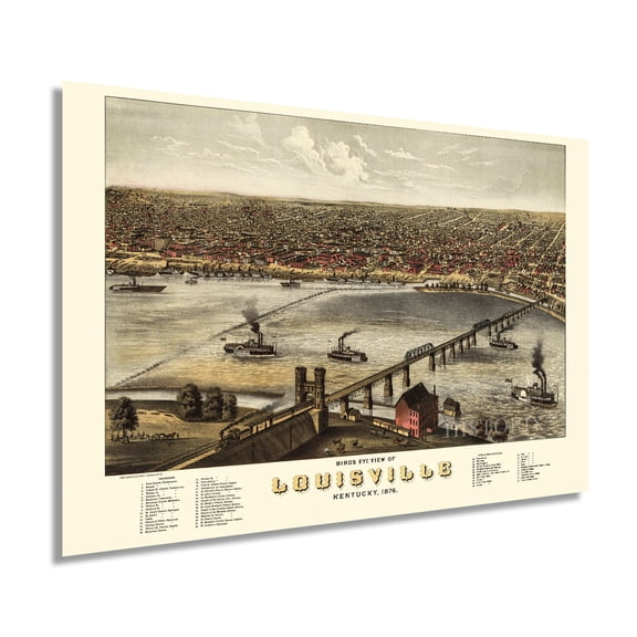 1876 Louisville Kentucky Map - Vintage Louisville Wall Art - Old Louisville KY Map - Historic Louisville Poster - Bird's Eye View Map of Louisville KY