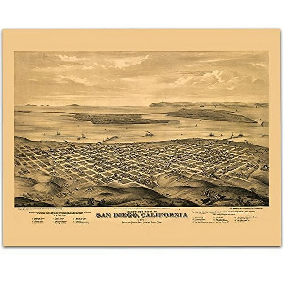 1876 San Diego California Panoramic Map Art Print - 11x14 Unframed Art Print - Great Vintage Home Decor
