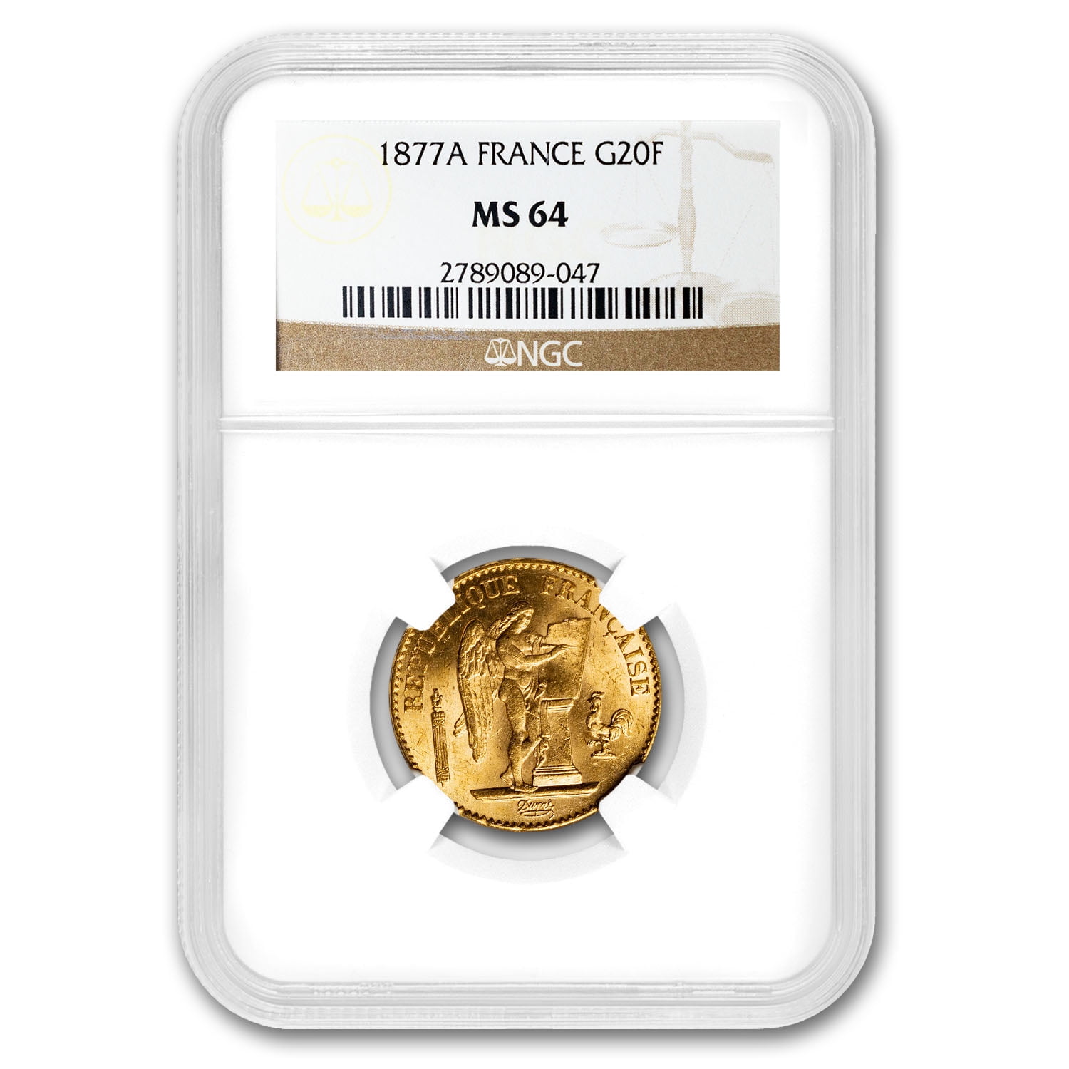 French Gold 20 Francs Angel Coin, 1877-A, MS-64 NGC, .1867 oz Gold, 1871-1898 Minted