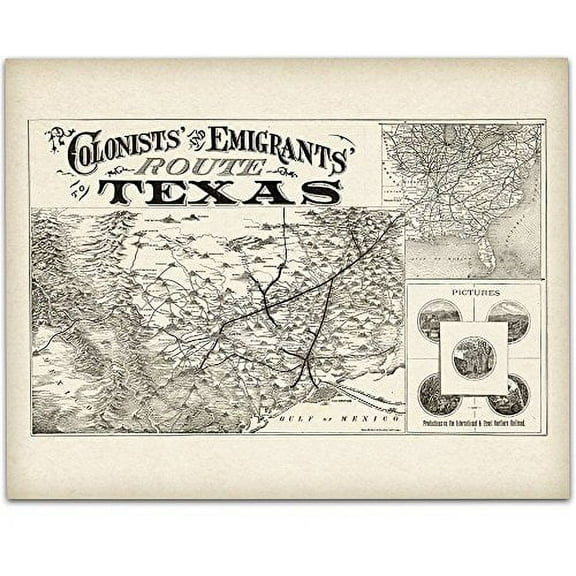 1878 Texas Map of Colonists' and Emigrants' Route Art Print - 11x14 Unframed Art Print - Great Vintage Home Decor