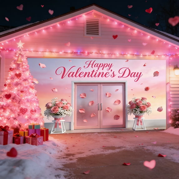 188.98 X82.68 Inch Happy Valentine's Day Garage Door Banner Cover Garage Backdrops Decorations Door with Pink Rose Basket Barn Door Photo Background for Yard Indoor Outdoor Home Party Supplies(D)