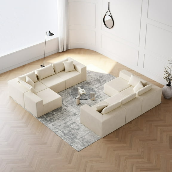 188-Inch Corduroy Modular L Shaped Sectional Sofa,Luxury Floor Couch Set,Upholstered Indoor Furniture,Foam-Filled Compressed Sofa for Living Room,Bedroom,8 Pc Free Combination (Beige)