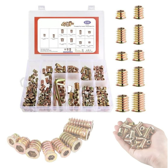 188 PCS Hexagon Socket Nuts Set, Allen Wrench Drill Bit Set, 1/4-20 Threaded Insert, Threaded Bolt Fastener Connector Hex Socket, for Wood Furniture Assortment (with Hex Spanner) (1SET)