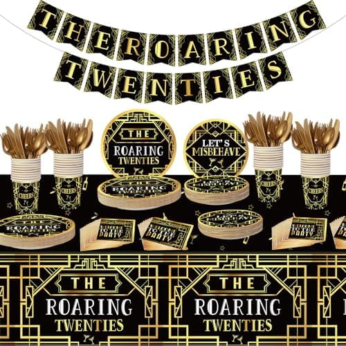 188 Pcs Roaring 1920's Party Tableware Set, 24 Guests Black and Gold Birthday Party Tablecloth Dinner Plates Dessert Plates Cups and Napkins for Speakeasy 1920s Vintage Wedding Party Supplies