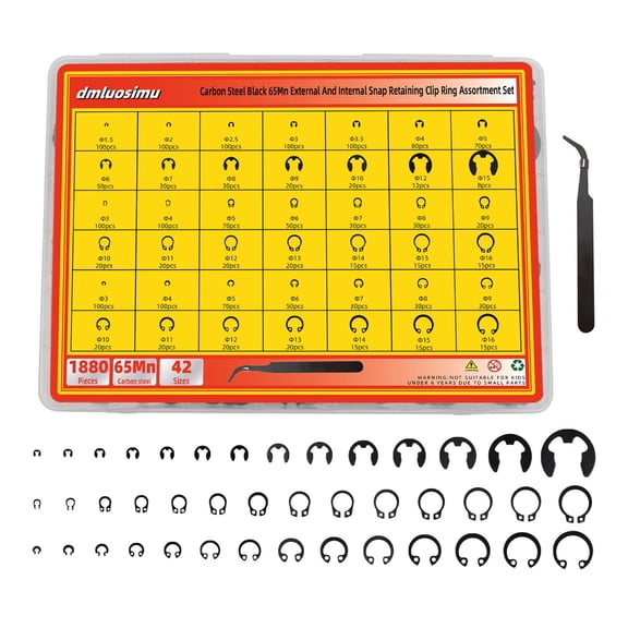 1880pcs 65Mn Carbon Steel Retaining Ring Kit - E-Clips, Hole & Shaft Rings for Automotive & Industrial Use
