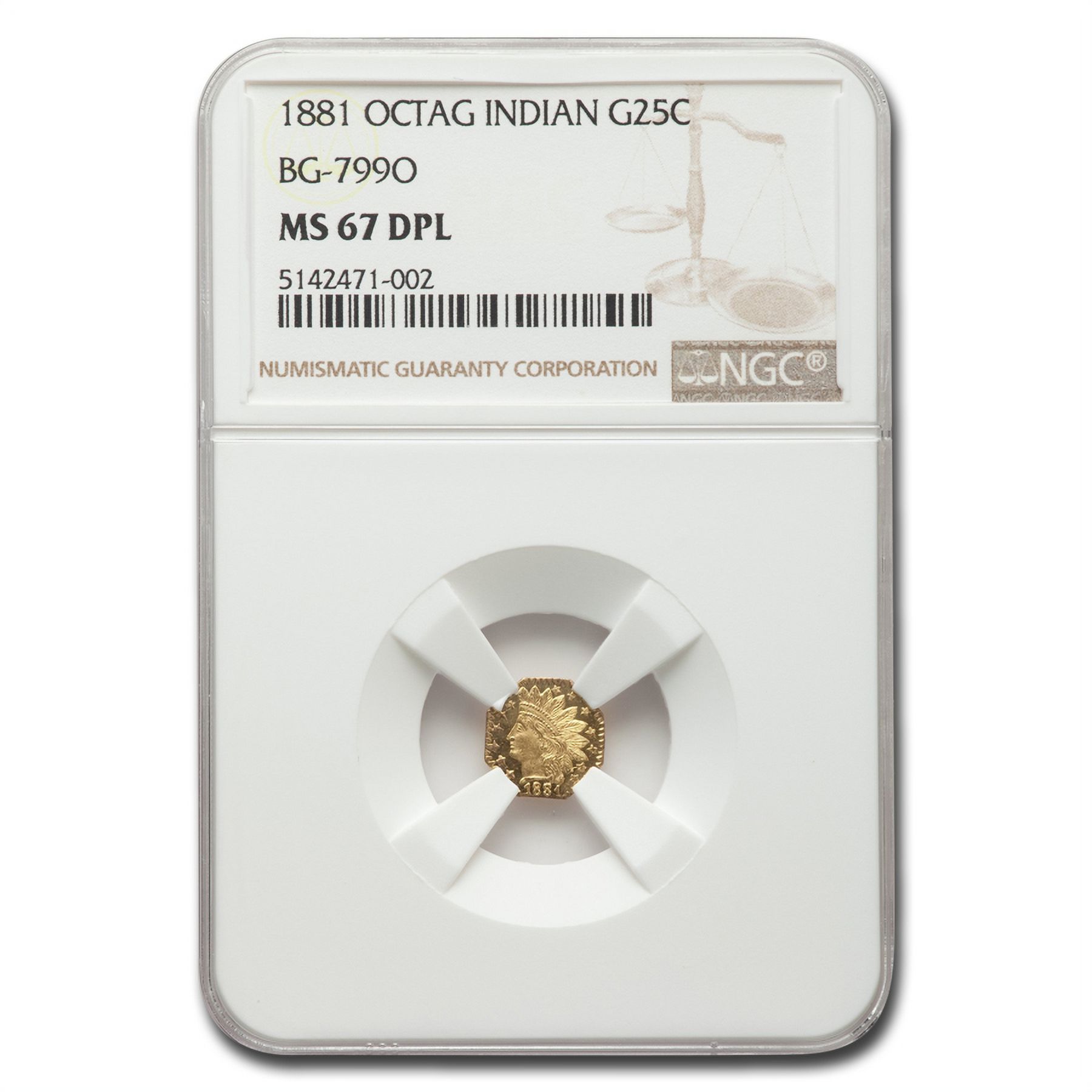 1881 Indian Octagonal 25 Cent Gold MS-67 NGC (DPL, BG-799O