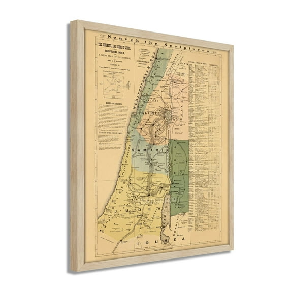 1881 The Journeys and Deeds of Jesus Christ Map - Framed Vintage Palestine Map Wall Art - Biblical Map of Palestine - Scriptural Index on the Map of Palestine