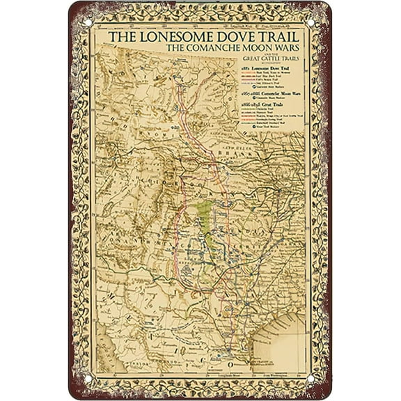 1881 Lonesome Dove & Great Cattle Trails Map Metal Tin Sign Wall Decor Fun Decoration for Home Kitchen Bar Room Garage Vintage Retro Plaque 12x8 Inch