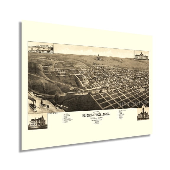 1883 Bismarck North Dakota Map - Vintage Bismarck Wall Art - Old Bismarck North Dakota Map - Bird's Eye View of Bismarck ND & County Seat of Burleigh Poster