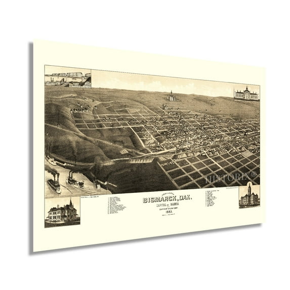 1883 Bismarck North Dakota Map - Vintage Bismarck Wall Art - Old Bismarck North Dakota Map - Bird's Eye View of Bismarck ND & County Seat of Burleigh Poster