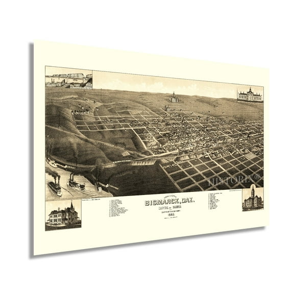 1883 Bismarck North Dakota Map - Vintage Bismarck Wall Art - Old Bismarck North Dakota Map - Bird's Eye View of Bismarck ND & County Seat of Burleigh Poster