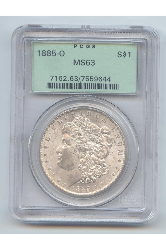 1885-O Morgan Silver Dollar, Old Green PCGS Slab, MS-63, OGH