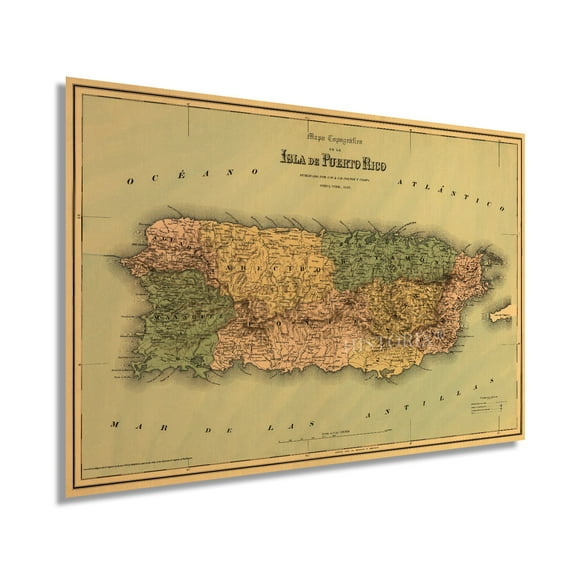 1886 Puerto Rico Map Wall Art - Mapa Topografico de la Isla de Puerto Rico - Vintage Map of Puerto Rico Poster - Puerto Rican Artwork For Walls Decor - Old Map