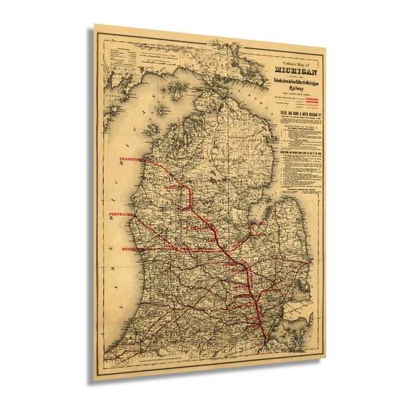 1886 State of Michigan Map - Vintage Map of Michigan Wall Art showing the Toledo, Ann Arbor & North Michigan Railway - Vintage Michigan Map Poster