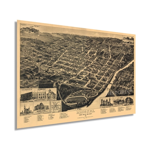 1887 Macon Georgia Map - Vintage Macon GA Wall Art Poster - Old Macon Georgia Map - Bird's Eye View of Macon Bibb County GA Showing Index to Points of Interest