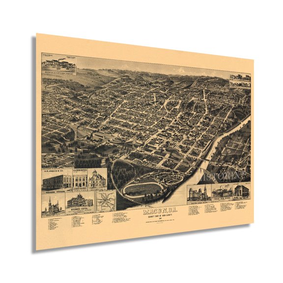 1887 Macon Georgia Map - Vintage Macon GA Wall Art Poster - Old Macon Georgia Map - Bird's Eye View of Macon Bibb County GA Showing Index to Points of Interest