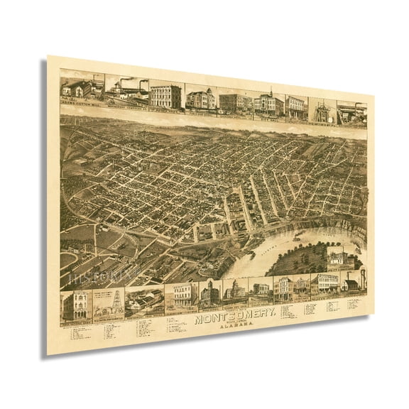 1887 Montgomery Alabama Map Poster - Vintage Perspective Map of Montgomery Wall Art - Old Montgomery Alabama Map - Historic Birds Eye View of Montgomery Poster