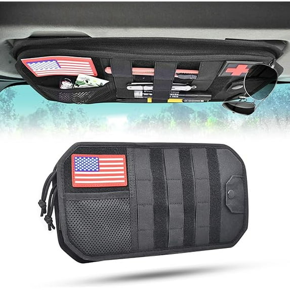 1888 1000D Sun Visor Organizer with Zipper Visor Storage Pouch, Car Sunglasses Holder, Hard Molle Panel for Tactical Gears, Fits Most Car, SUVs, and Trucks