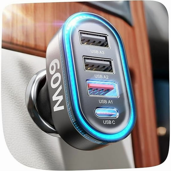 1888 Back to School 60W USB C Car Charger,Travel Essentials 4-Port Super Fast Charging Type C Car Charger for Multiple Devices, Cigarette Lighter Adapter for iPhone 16/16e/15 Pro Max, Samsung, Piexl
