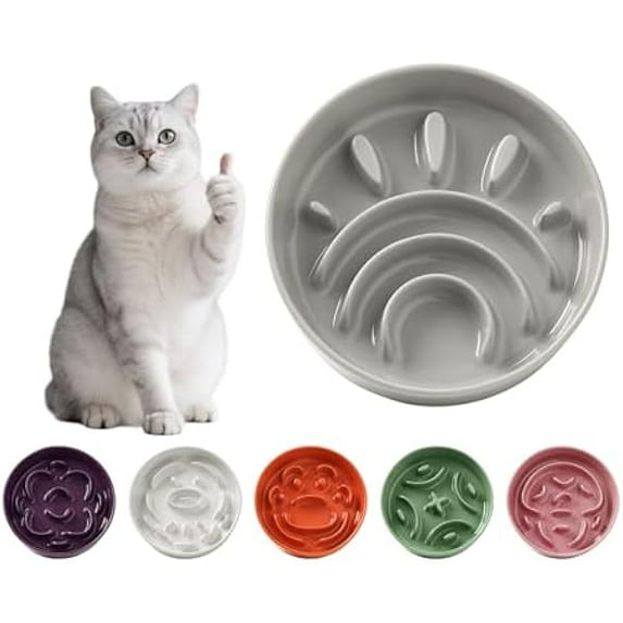 1888 Ceramic Cat Slow Feeder Bowl - Small Dog Food Dish with Maze Design - Whisker-Friendly Bowl for Cat Feeding - Slow Down Eating Feeder for Pet Feed & Food Control - 6.3 Inch - 180 g - Grey