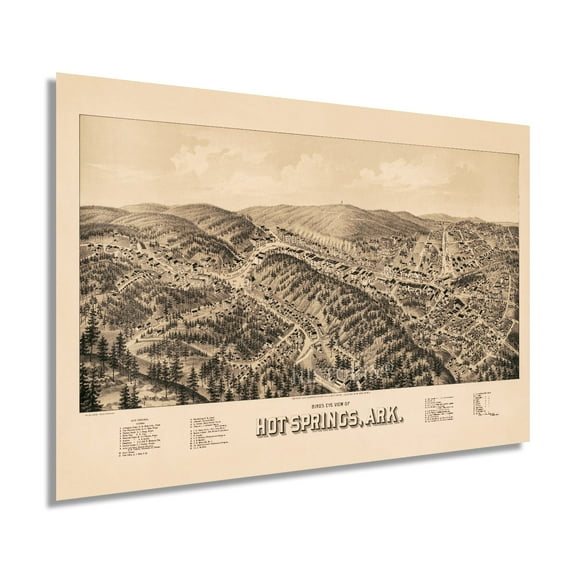 1888 Hot Springs Arkansas Map - Vintage Hot Springs Map Art - Bird's Eye View History Map of Hot Springs Arkansas - Old Map of Hot Springs AR Wall Art Poster