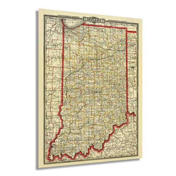 1888 Indiana State Map - Vintage Map of Indiana Wall Art - Vintage Indiana Map Poster with County, City, Town and Railroad Map - Indiana Wall Map