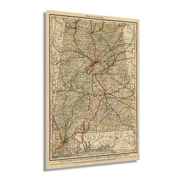 1888 Map of Alabama - Vintage Map of Alabama Wall Art - Railroad Map of Alabama History Poster