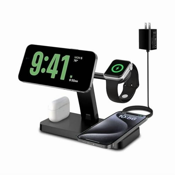 1888Magnetic Charging Station, for MagSafe 4 in 1 Fast Wireless Charger Stand for iPhone 16,15,14,13,12 Pro/Max/Mini/Plus,Apple Watch 10/9/8/7/6/SE/5/Ultra and Airpods 4/3/2/1 with Adapter-Black