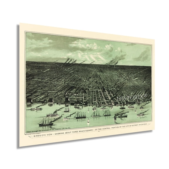 1889 Detroit Michigan Map - Vintage Detroit Wall Art - History Map of Detroit City - Old Bird's Eye View of Detroit City Wall Art Poster