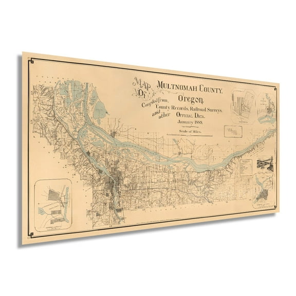 1889 Map of Multnomah County Oregon - Vintage Map Wall Art - Multnomah County Portland Oregon Map showing Lot Lines, Landowners, Schools, Churches, Post Offices