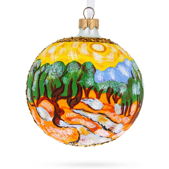 1889 'Olive Trees with Yellow Sky and Sun' by Van Gogh Glass Ball Christmas Ornament 4 Inches