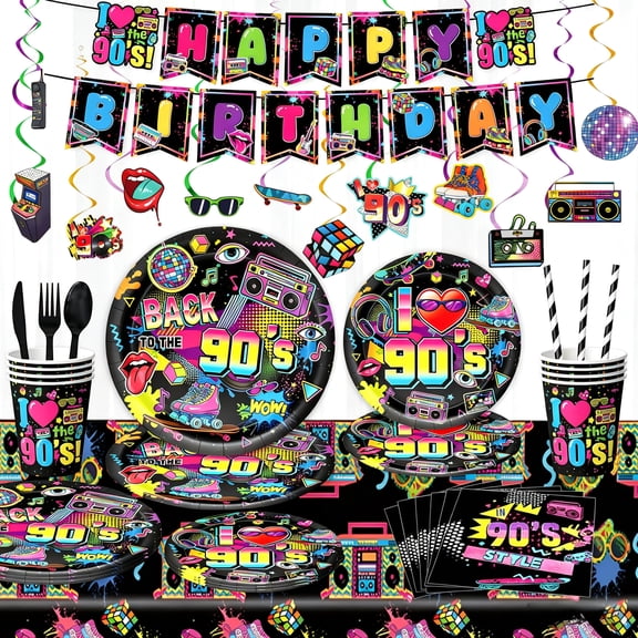 188Pcs 90s Party Decorations Back To The 90's Birthday Party Supplies, 1990s Retro Hip-Hop Party Tableware - Plates, Napkins, Cups, Straws, Cutlery, Tablecloth, Banner, Hanging Swirls, Serves 20