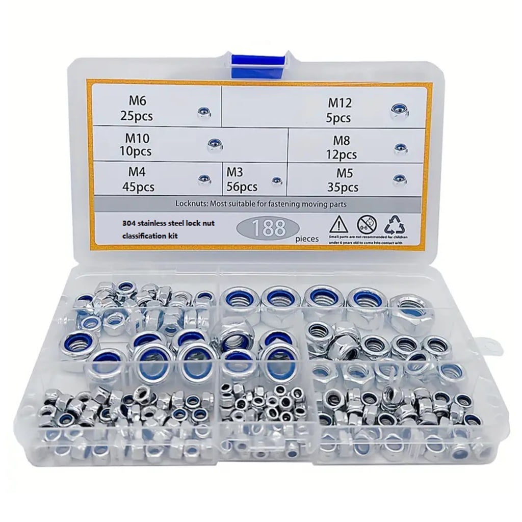 Upgrades Steel 3MM to 12MM Hex Nut Collection 188pcs Corrosion Resistant Hardware