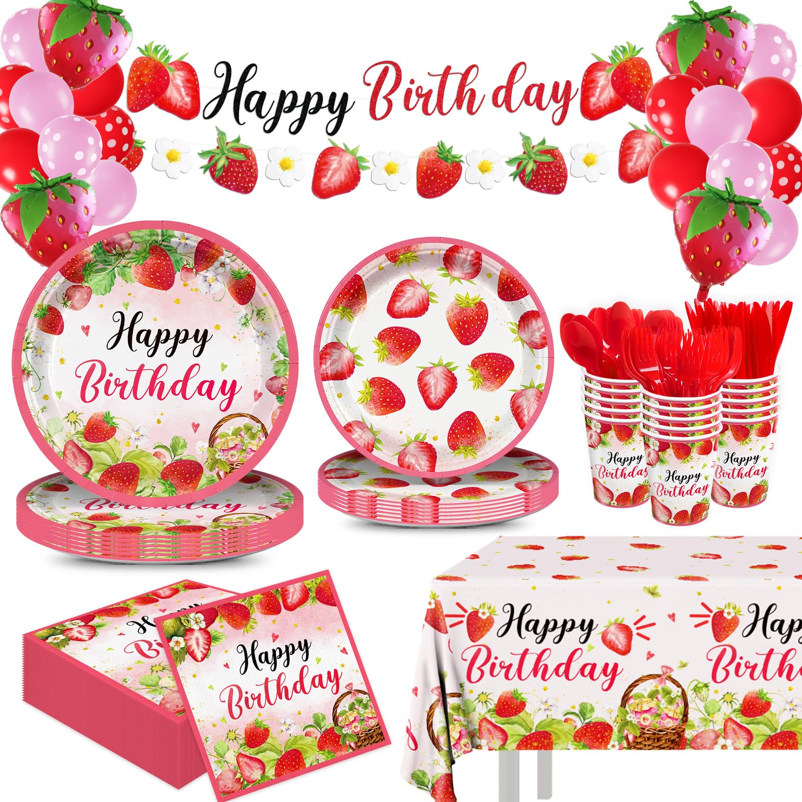 Strwbery Plates 188pcs Strawberry Birthday Party MMF7 Supplies Strawberry Plates and ...