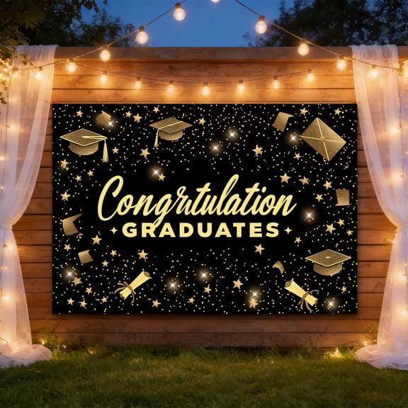 189×82.7 Inch Fabric "Congratulation Graduates" Graduation Backdrop Banner, Black Gold Photo Booth Background for 2026 Graduation Party Decor(C)