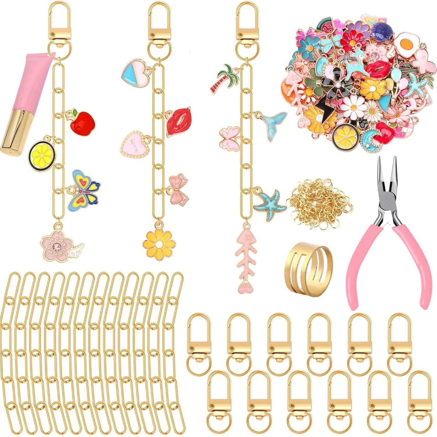 189 Pcs Keychain Making Kit, Gold DIY Jewelry Craft Kit with Charms Jump Rings Lobster Clasps Extender Chains Pliers, Keychain Supplies for Custom Gifts Bag Charms Accessories
