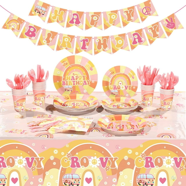 189 Pcs Two Groovy Birthday Party Tableware Set, Groovy Boho Hippie