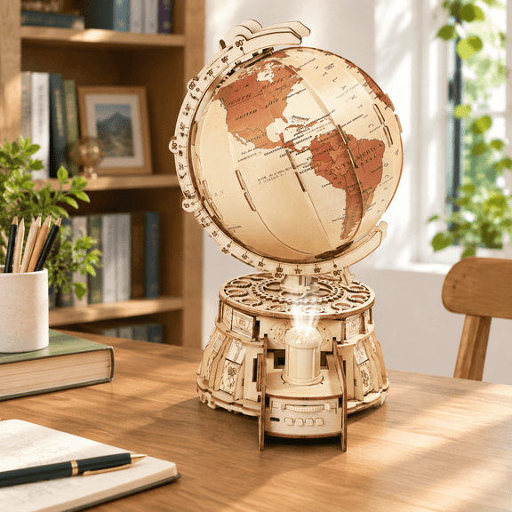 189-Piece 3D Wooden Globe Puzzle Kit with LED, Music and Starry Projector