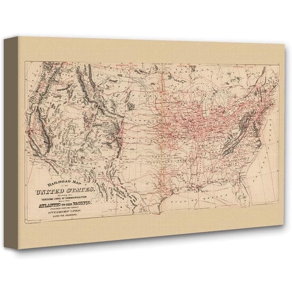 1890 Railroad Map of the United States 18x24 Stretched Canvas Poster Ready to Hang Vintage Railway Routes Historic Train Line Chart Antique USA Transportation Map Wall Art Office Study Décor