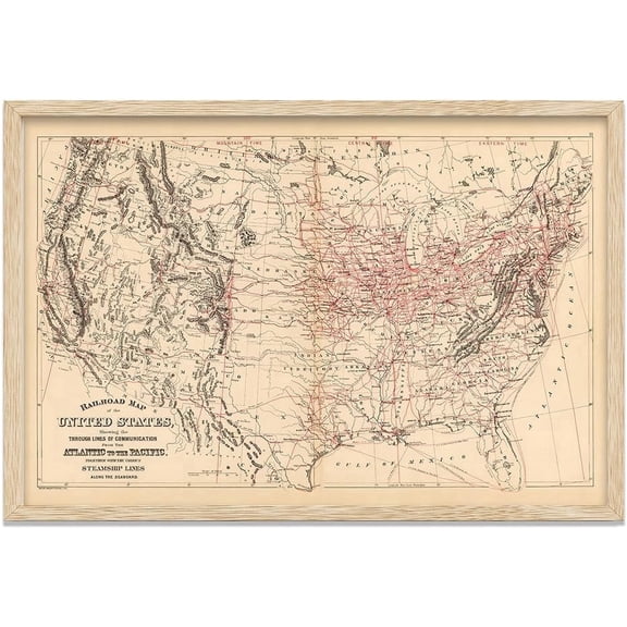 1890 Railroad Map of the United States 24x36 Framed Poster Ready to Hang Vintage Railway Routes Historic Train Line Chart Antique USA Transportation Map Wall Art Home Office Study Décor