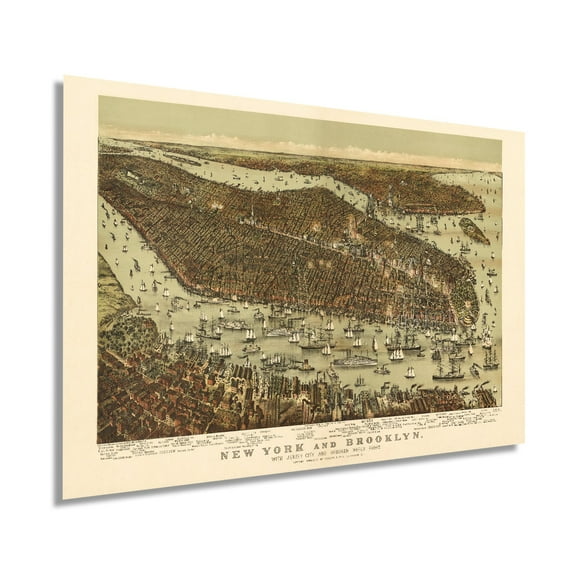 1892 Map of New York and Brooklyn with Jersey City and Hoboken Waterfront - NYC Vintage Map Wall Art Panoramic Birds Eye View Map of New York Poster - NYC Decor