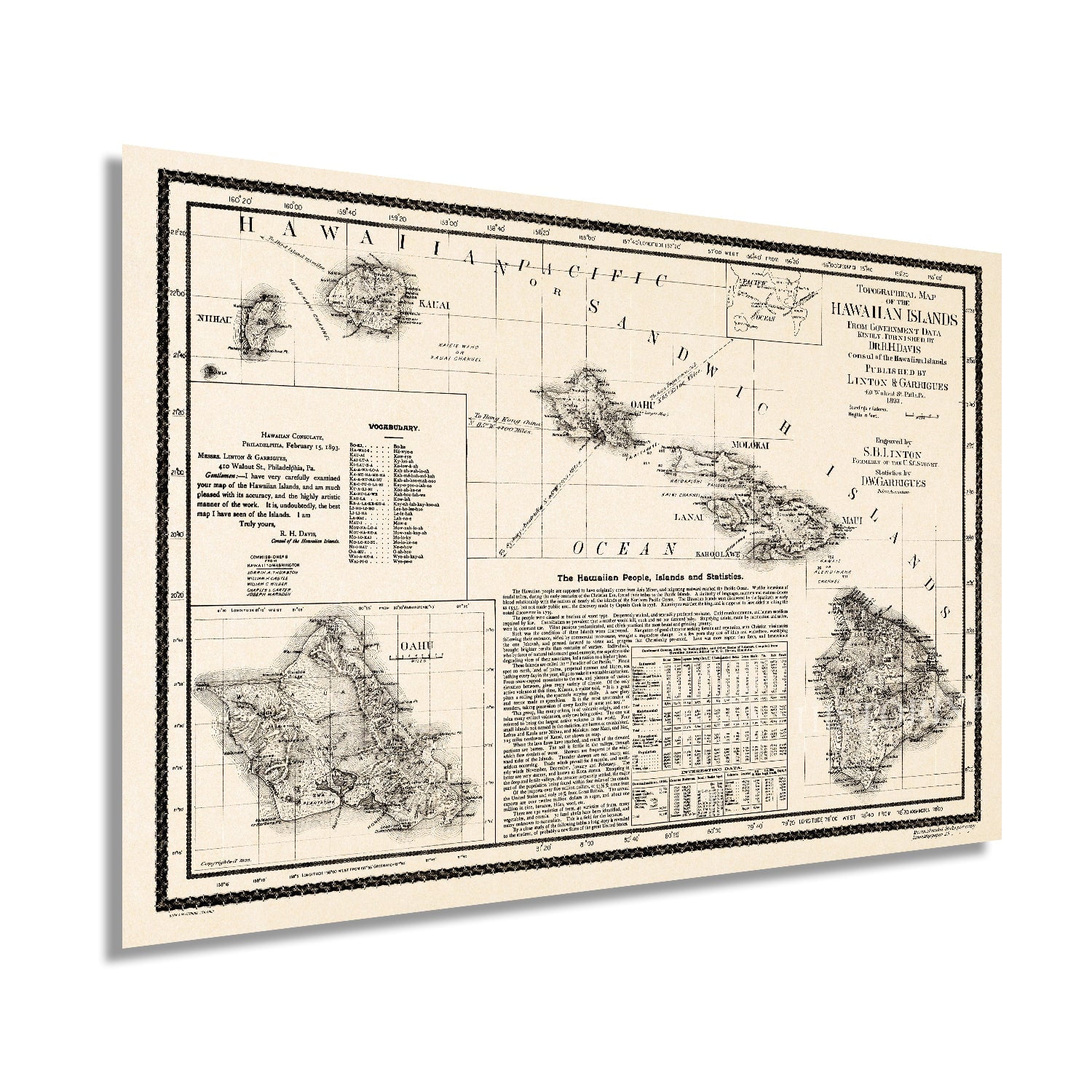 1893 Map of Hawaii - Vintage Map of Hawaiian Islands Wall Art