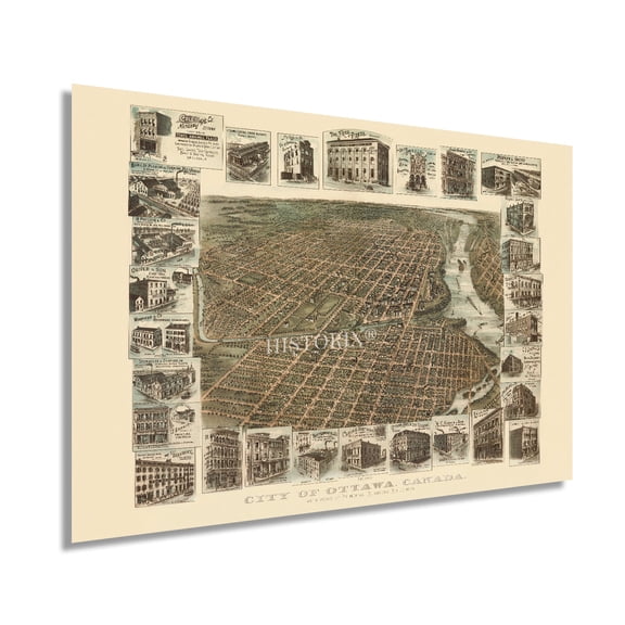 1895 Ottawa Ontario Canada Map - Old Map of Ottawa - History Map of Ontario Canada with Views of Principal Business Buildings Wall Art Poster