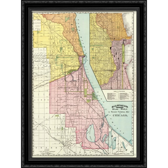 1897 Chicago Railways Map 28x36 Large Black Ornate Wood Framed Canvas Art