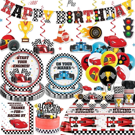 189pcs Race Birthday Party Decorations Include Race Plates and Napkins Set, Banner, Hanging, Tablecloth, Balloon, Cupcake Topper, for Boys Birthday Party and Race Themed Party, Serve 25 A101