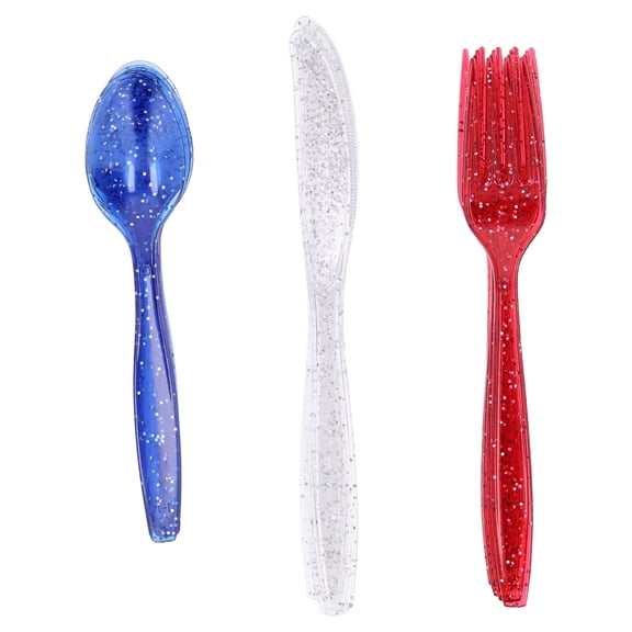 Way To Celebrate Disposable Glitter Cutlery Set, Patriotic Red/White/Blue, 18 Pieces
