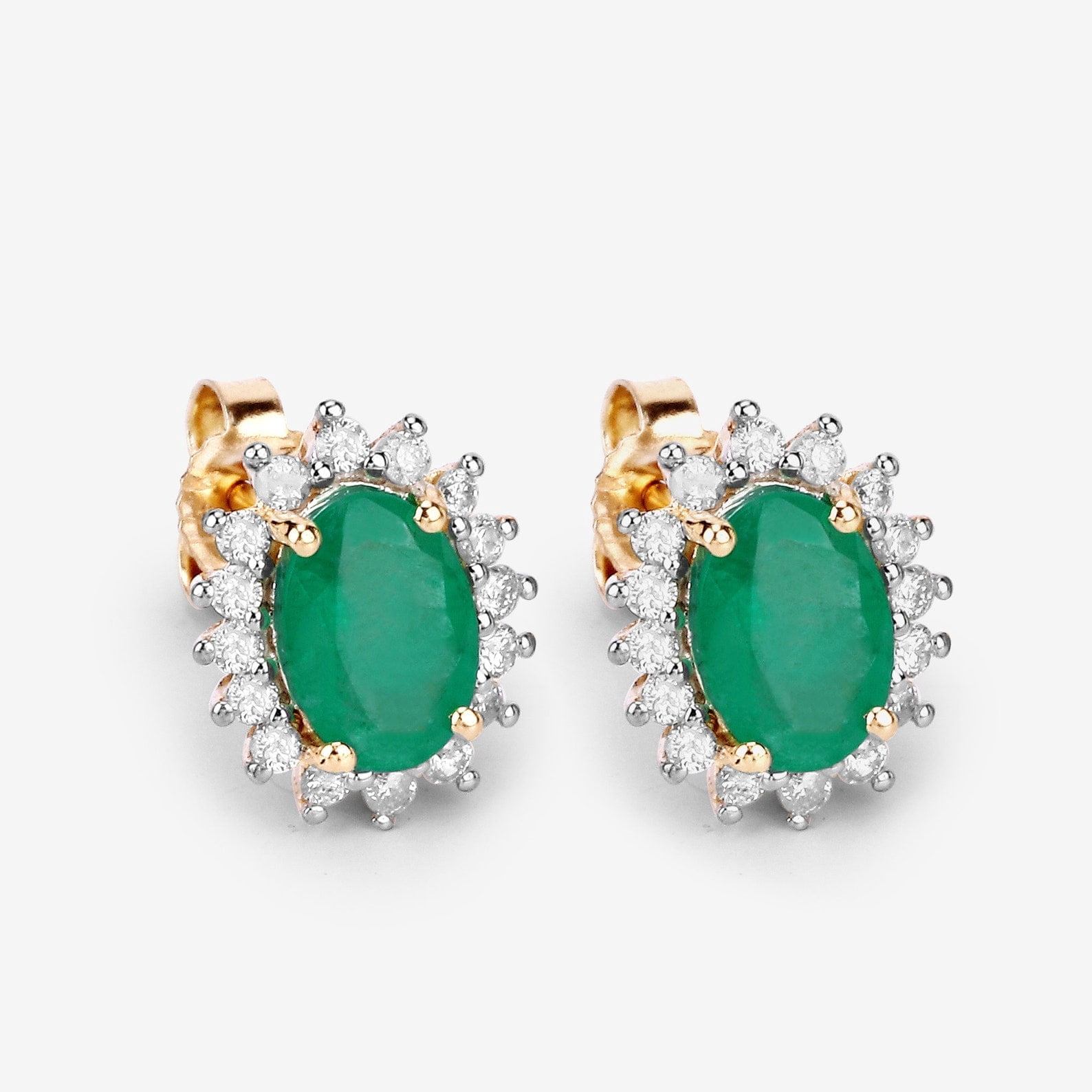 18Ct Emerald Earrings, Genuine Emerald Oval and Diamond 14k Yellow Gold Stud Plated Earrings for Women, Bridesmaid Gift, May Birthstone Gift