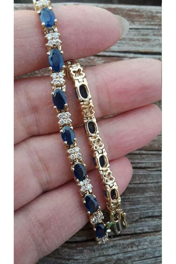 18Ct Oval Cut Sapphire Blue & Diamond Womens Tennis Bracelet 14K Yellow Gold Plated, Elegant Blue Cubic Zirconia Jewelry Gift
