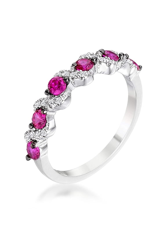 .18Ct Rhodium and Hematite Plated S Shape Fuchsia and Clear CZ Half Eternity Band