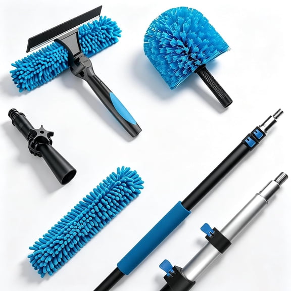 18FT Cobweb Duster with Extension Pole, Featuring 5-12Ft Extension Pole, Spider Web Brush & Window for Indoor & Outdoor High-Place Cobweb Removal, for Windows at Various Heights